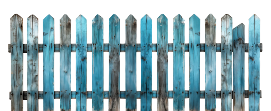 Rustic teal cyan wood fence. Transparent background PNG. Farm fence. Ranch fence. Retro, vintage, antique. American style fence. Made of wood. 