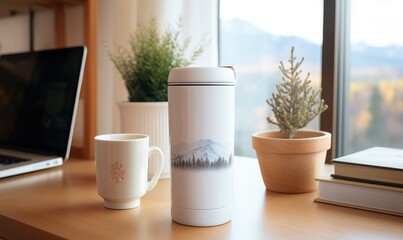 a travel mug and thermal mockup  on a desk in a home office 