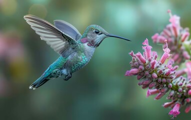 Obraz premium Hummingbird Drinking Nectar from a Pink Flower