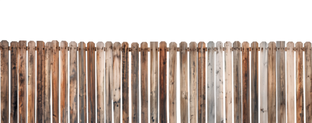 Rustic brown wood fence. Transparent background PNG. Farm fence. Ranch fence. Retro, vintage, antique. American style fence. Made of wood. Weathered wood