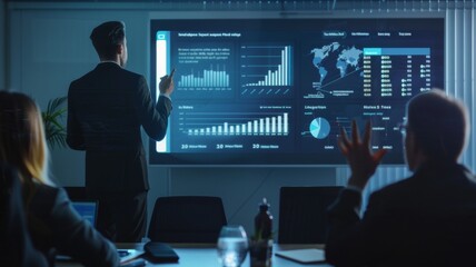 A CEO businessman presents information to a group of investors and business people during a business meeting. A projector screen displays graphs related to product sales, revenue growth strategy