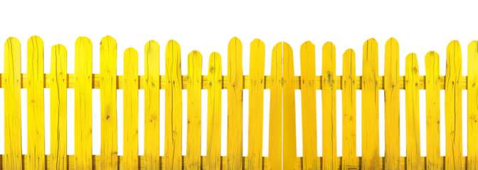 Rustic yellow wood fence. Transparent background PNG. Farm fence. Ranch fence. Retro, vintage, antique. American style fence. Made of wood. 