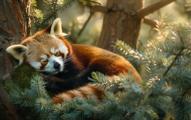 Fototapeta premium A serene siesta for a red panda amidst the green needles of a pine