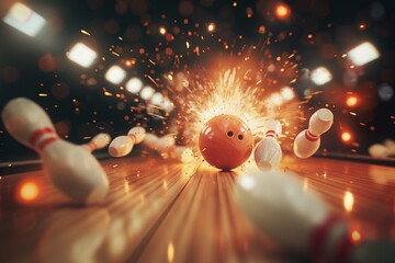 Bowling strike hit with fire explosion. Concept of success - obrazy, fototapety, plakaty