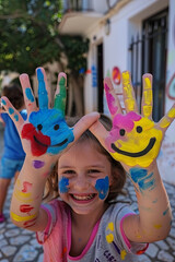 Obraz premium Happy kids. Children`s painted hands with smiling faces. Kids hands and palms painted smileys
