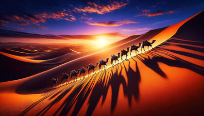 Camel caravan in the desert at sunset