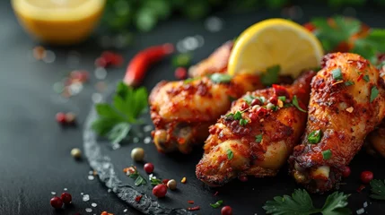 Gordijnen Spicy breaded drumsticks with lemon slices and red chili peppers © fajar
