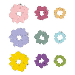 Scrunchie Small Business. Vector color illustration of different sizes Scrunchies. Accessories for printing stickers or wrapping paper.