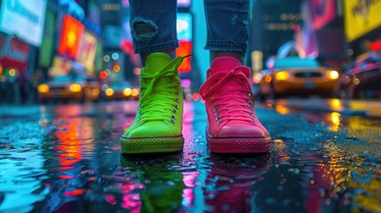A close-up of a person standing on a vibrant, urban street, wearing two distinctly different colored shoes, one neon green and the other bright pink, showcasing their bold and unique fashion choice - obrazy, fototapety, plakaty