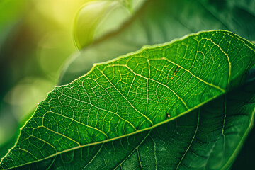 Fototapeta premium Science of ecology. Closeup green leaf texture with chlorophyll and process of photosynthesis in plant