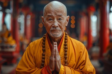 Portrait of an elderly Buddhist monk in orange robes meditating peacefully in a temple setting. Concept of spirituality, meditation, and religious devotion.
 - obrazy, fototapety, plakaty