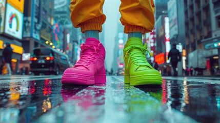 A close-up of a person standing on a vibrant, urban street, wearing two distinctly different colored shoes, one neon green and the other bright pink, showcasing their bold and unique fashion choice
