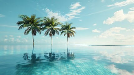 Palm trees reflected in a tranquil beachside pool, with copy space