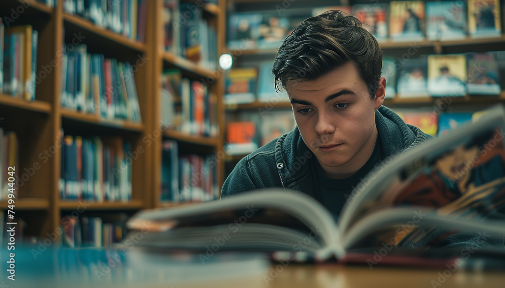 Canvas Prints Young man engrossed in a comic book at a library