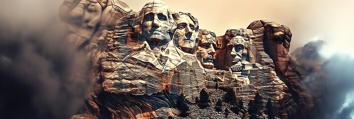 Mount Rushmore sculpted images of Washington, Jefferson, Roosevelt, and Lincoln in a side view, color image, National Memorial-themed, photorealistic illustration in JPG.
Generative ai - obrazy, fototapety, plakaty