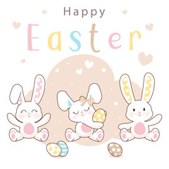 Vector Easter card with cute bunnies and colored eggs in pastel colors