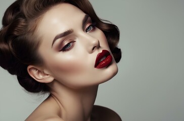 A Stunning Model Displays Dark Red Lip Makeup Cosmetics, Enhancing Her Glamorous Persona