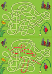 Ladybugs playing football maze for kids with a solution in black and white