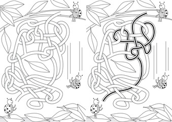 Ladybugs playing with fallen leaves maze for kids with a solution