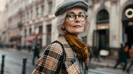 Fototapeta premium City Chic: Senior Woman Embraces Urban Life with Style. Timeless Elegance, Vibrant Cityscapes, and Active Aging. Ideal Stock Photo for Travel Ads and Silver Market Marketing