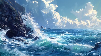 Ocean waves crashing against rocky cliffs, with copy space