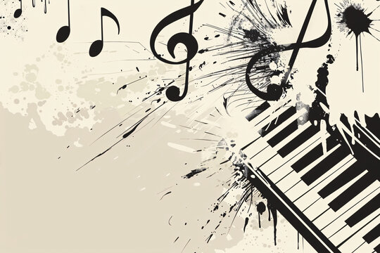 Grunge musical theme with notes and piano keys