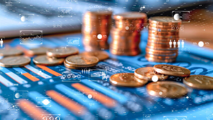 Virtual finance concept with piles of coins and interactive economic analytics displayed.