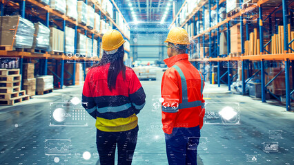 Two engineers with hard hats analyzing data in a futuristic warehouse with digital interface projections.