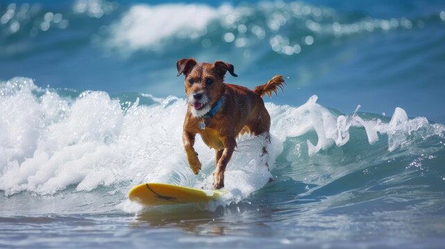 A dog confidently rides a wave while surfing. Show off its impressive skills.