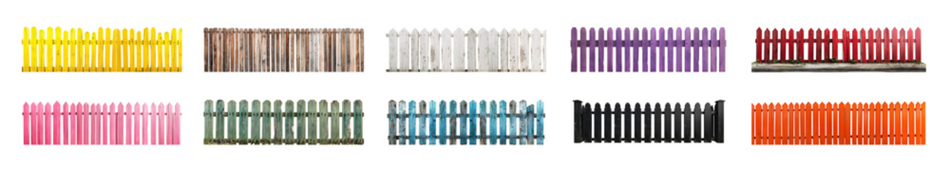 Rustic wood fence mega set in various colors and styles. Transparent background PNG. Farm fence. Ranch fence. Retro, vintage, antique. American style fence. Made of wood. 