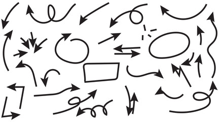 Set of black hand drawn arrow element vector. Collection of doodle arrows, lines, symbol, pointing mark, shapes on white background. Simple icon illustration for education, decoration, map
