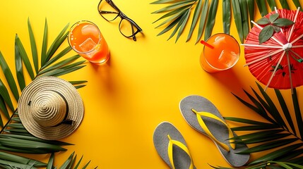 Mockup of vacation essentials on a bright yellow background, including flip flops, sunglasses, and a tropical drink with a decorative umbrella, perfect for summer holiday planning - obrazy, fototapety, plakaty