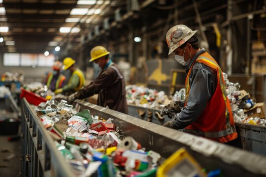 From Trash to Treasure: Recycling Facility Workers Separate Recyclables. Sustainable Practices, Material Recovery Systems, and Building a Greener Future. Stock Photo for Businesses & Campaigns