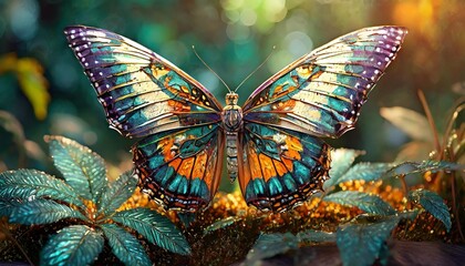 large stunningly beautiful fairy wings fantasy abstract paint colorful butterfly sits on garden the insect casts a shadow on nature the insect has many geometric angles 3d render