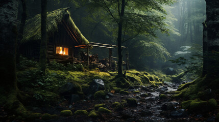 Atmospheric shack and wooden hut in the dense