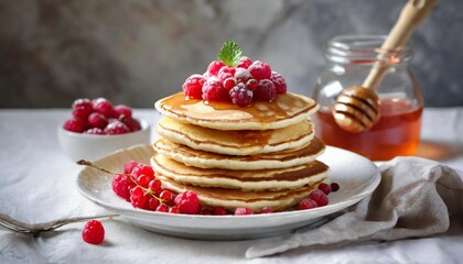 stack of pancakes with raspberry red currant cream and honey on white table cloth