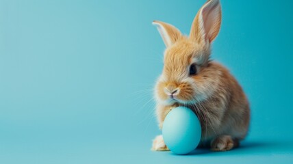 Fototapeta premium Easter bunny with blue painted eggs on a blue background