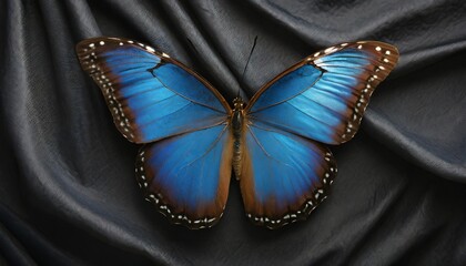 bright blue tropical morpho butterfly on black silk fabric top view