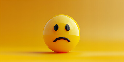 Fototapeta premium Sad face emoji on a yellow background. Business concept banner with copy space. Symbolizing negativity and bad mood.