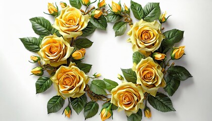 frame of yellow delicate roses wreath with green leaves on white background