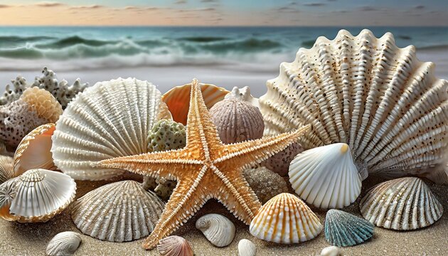 beach finds small seashells fossil coral and sand dollars puka shells a sea urchin and a white starfish sea star ocean summer and vacation design elements isolated over transparent background