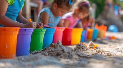 Kids building sandcastles with colorful buckets and spades, with copy space - obrazy, fototapety, plakaty