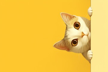 cute cartoon cat peeking from the side on a bright yellow background - obrazy, fototapety, plakaty
