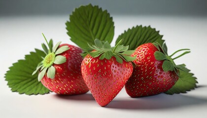 three strawberries with strawberry leaf on white background
