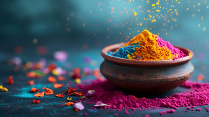 Indian Holi festival powder colors in bowls on blue background. Colorful organic gulal in earthen bowl. Festival of Colors concept. Banner or card with copy space