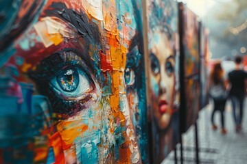 Naklejka premium Colorful Abstract Artwork Display at Outdoor Festival Capturing Expressive Faces in Paint. Vivid abstract art of faces at an outdoor festival.