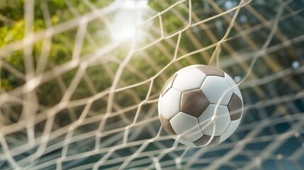 The soccer ball rockets into the opponent goal, copy space. Generative AI