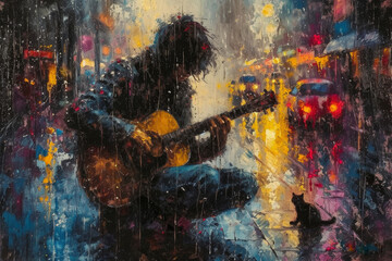 A male guitarist is playing guitar on the street. Illustration - obrazy, fototapety, plakaty