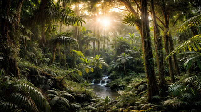 Thriving tropical woodland abundant in greenery with sun light. Generative AI
