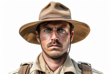 Fototapeta premium Standing tall in his safari uniform, a Male zookeeper's portrait is isolated against a solid background, embodying his commitment to caring for animals.